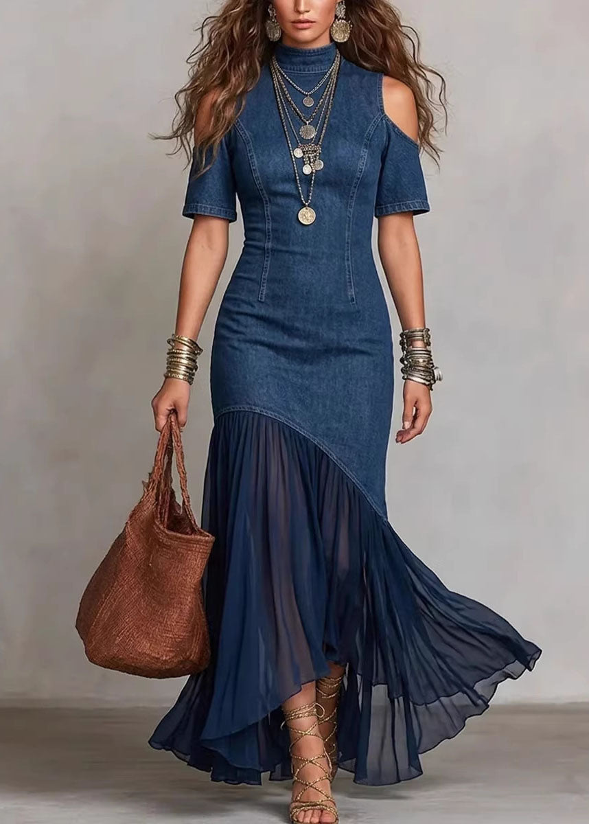 Chic Navy Cold Shoulder Tulle Patchwork Denim Dress Summer