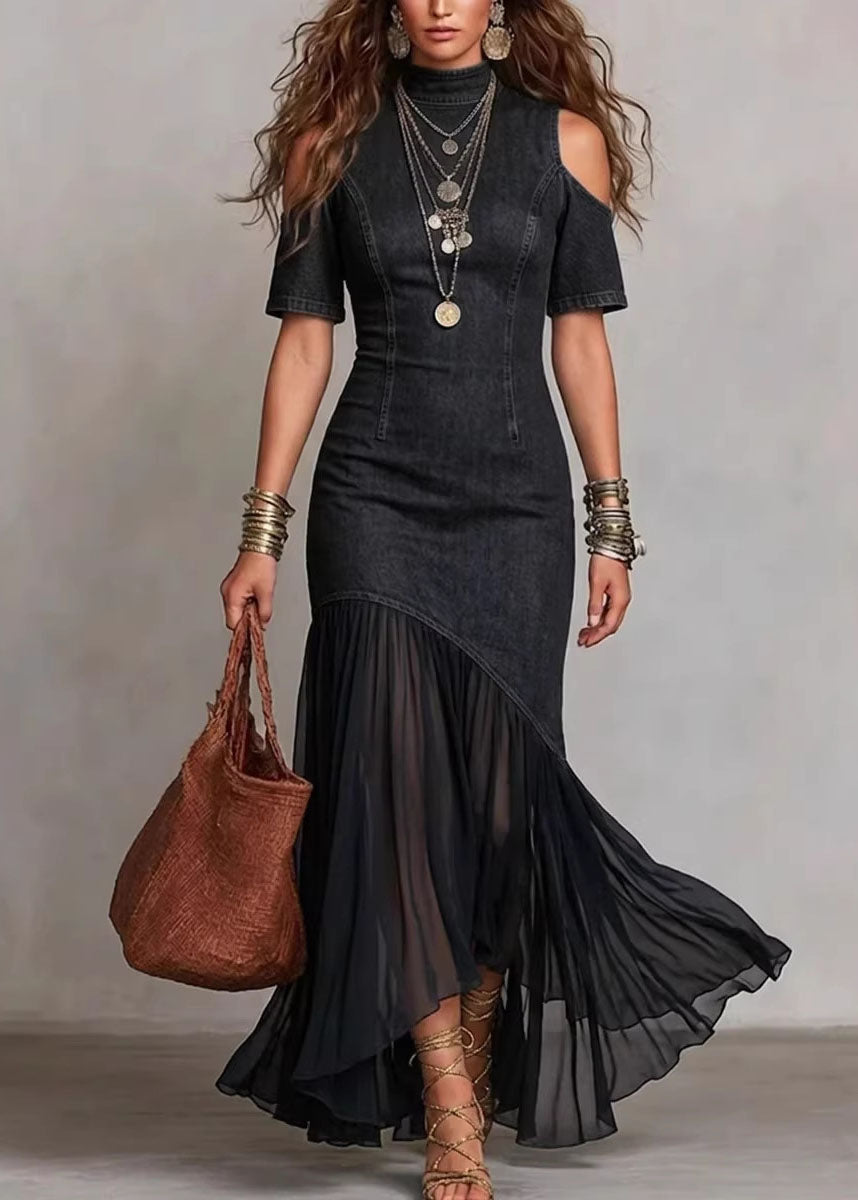 Chic Navy Cold Shoulder Tulle Patchwork Denim Dress Summer