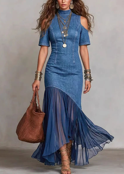 Chic Navy Cold Shoulder Tulle Patchwork Denim Dress Summer