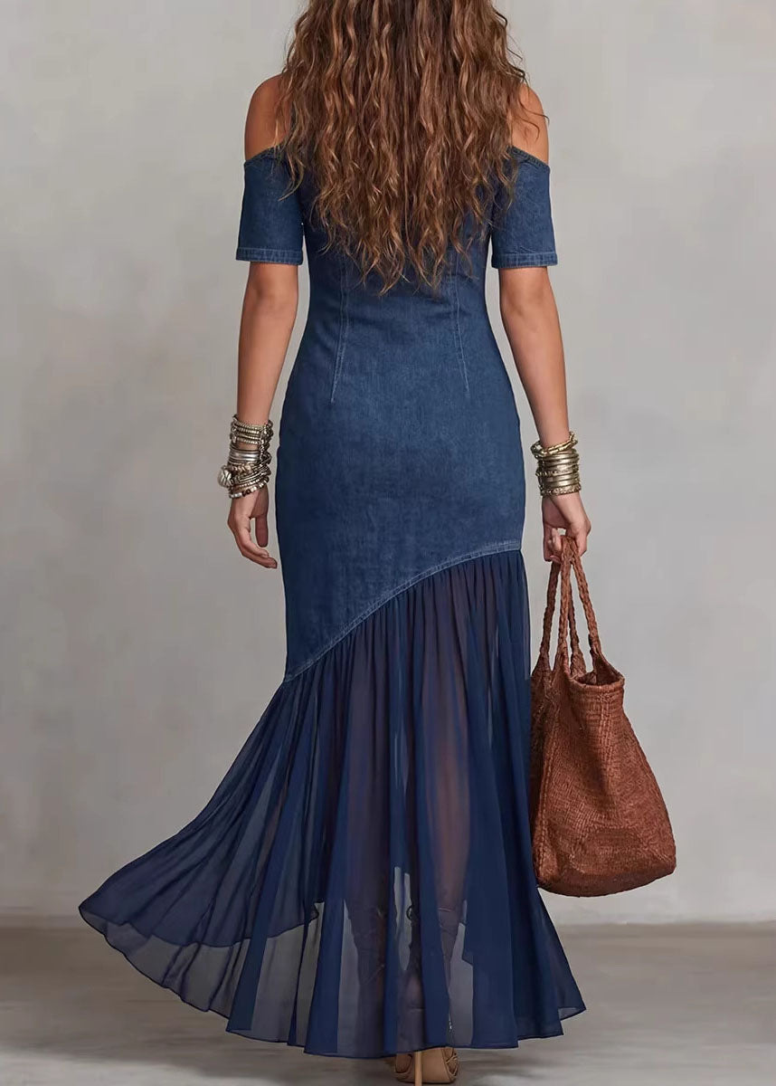 Chic Navy Cold Shoulder Tulle Patchwork Denim Dress Summer