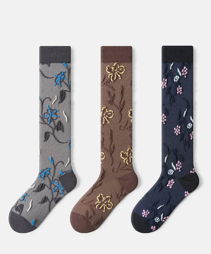 Chic Navy Jacquard Patchwork Cotton Mid Calf Socks
