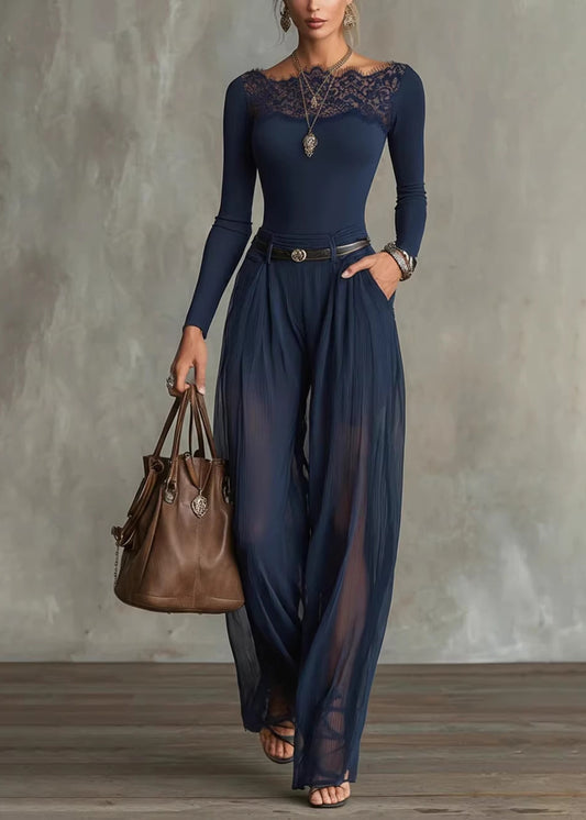 Chic Navy Lace Patchwork Cotton 2 Piece Outfit Summer