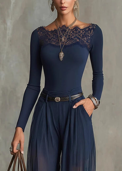 Chic Navy Lace Patchwork Cotton 2 Piece Outfit Summer