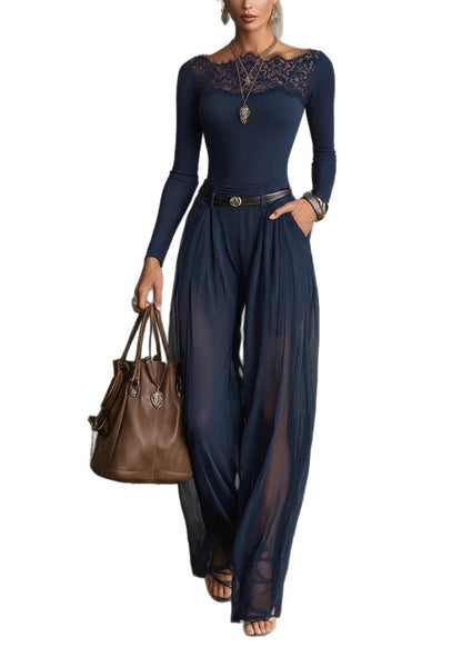 Chic Navy Lace Patchwork Cotton 2 Piece Outfit Summer