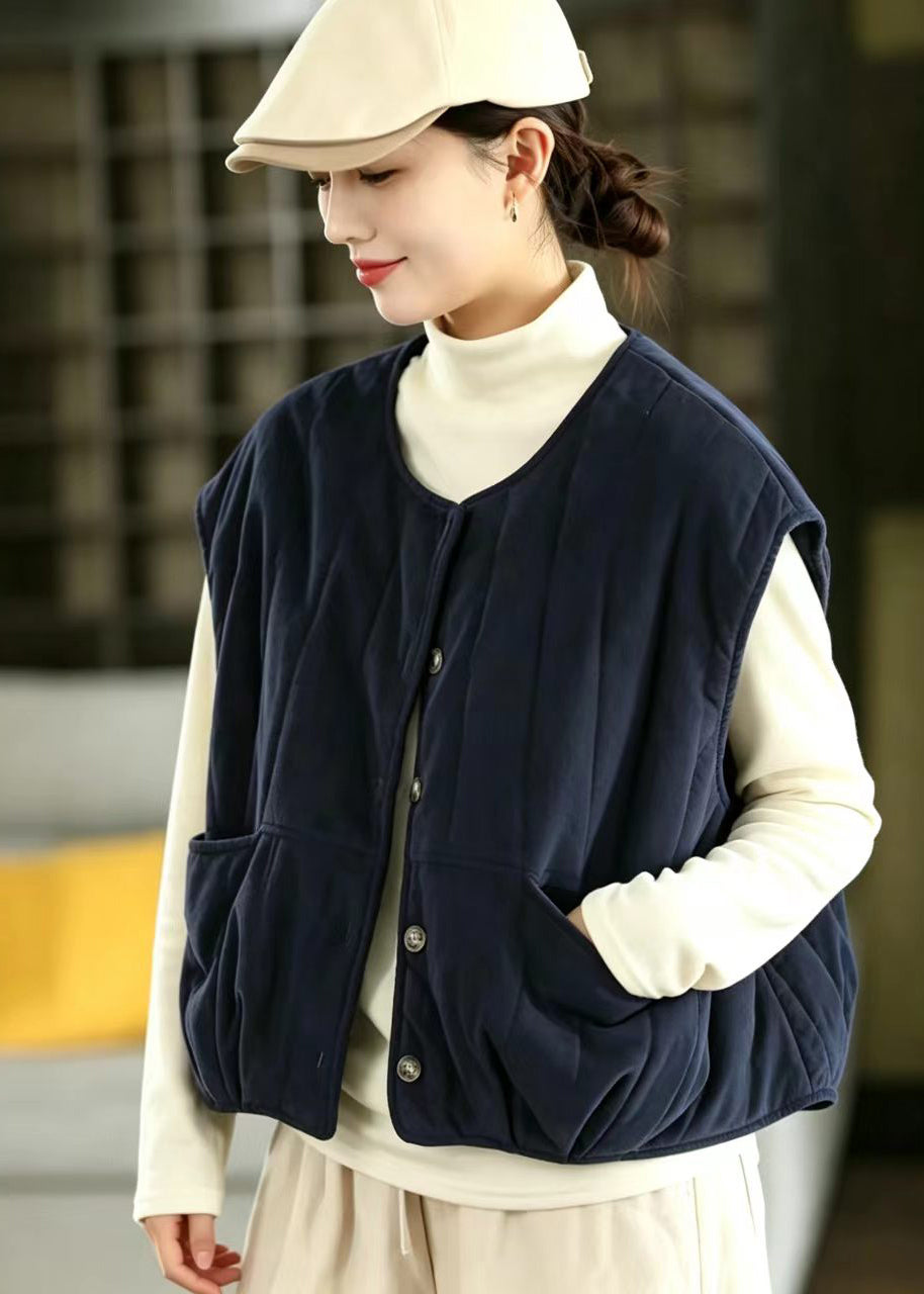 Chic Navy O-Neck Corduroy Cotton Filled Vest Winter