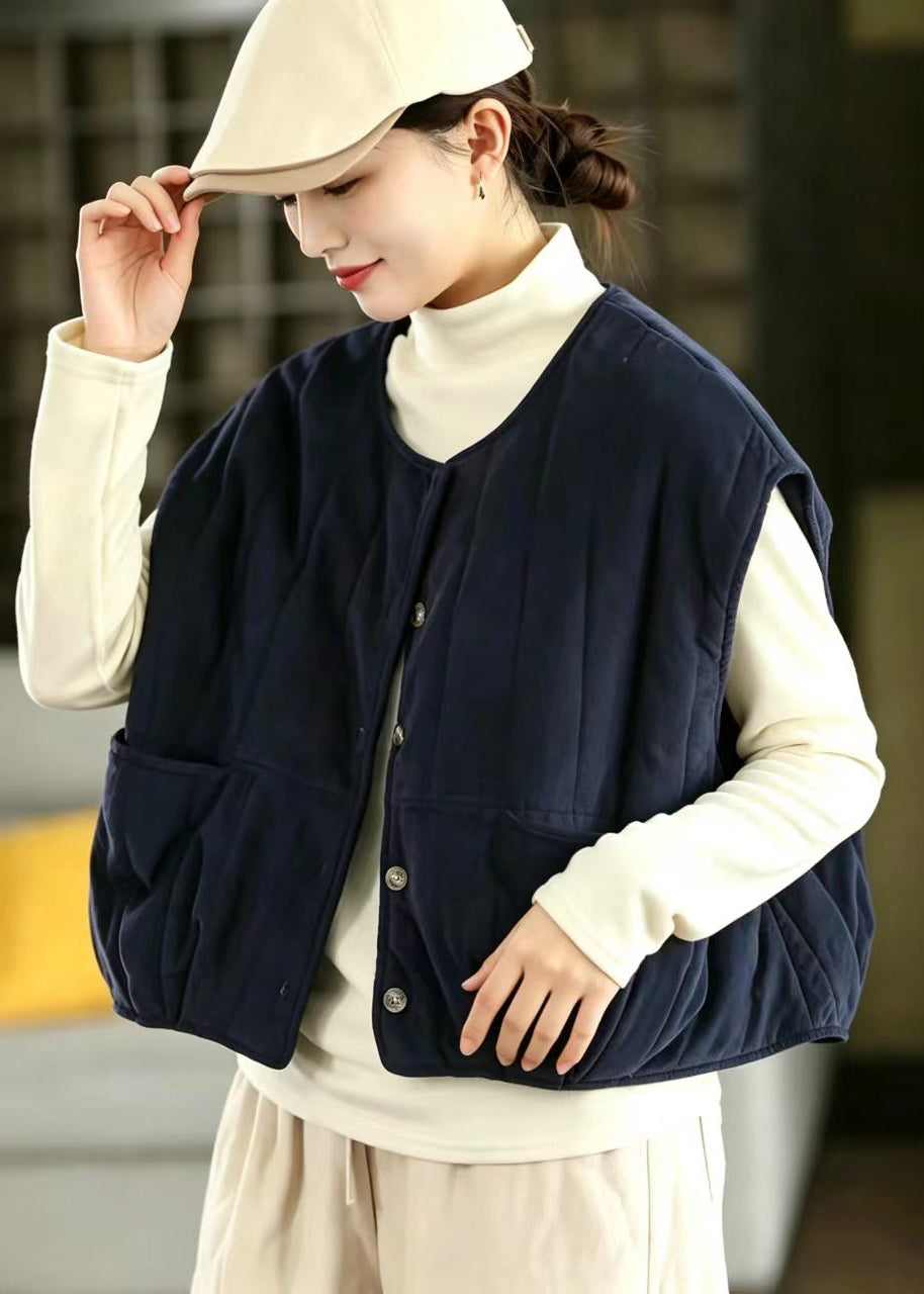 Chic Navy O-Neck Corduroy Cotton Filled Vest Winter