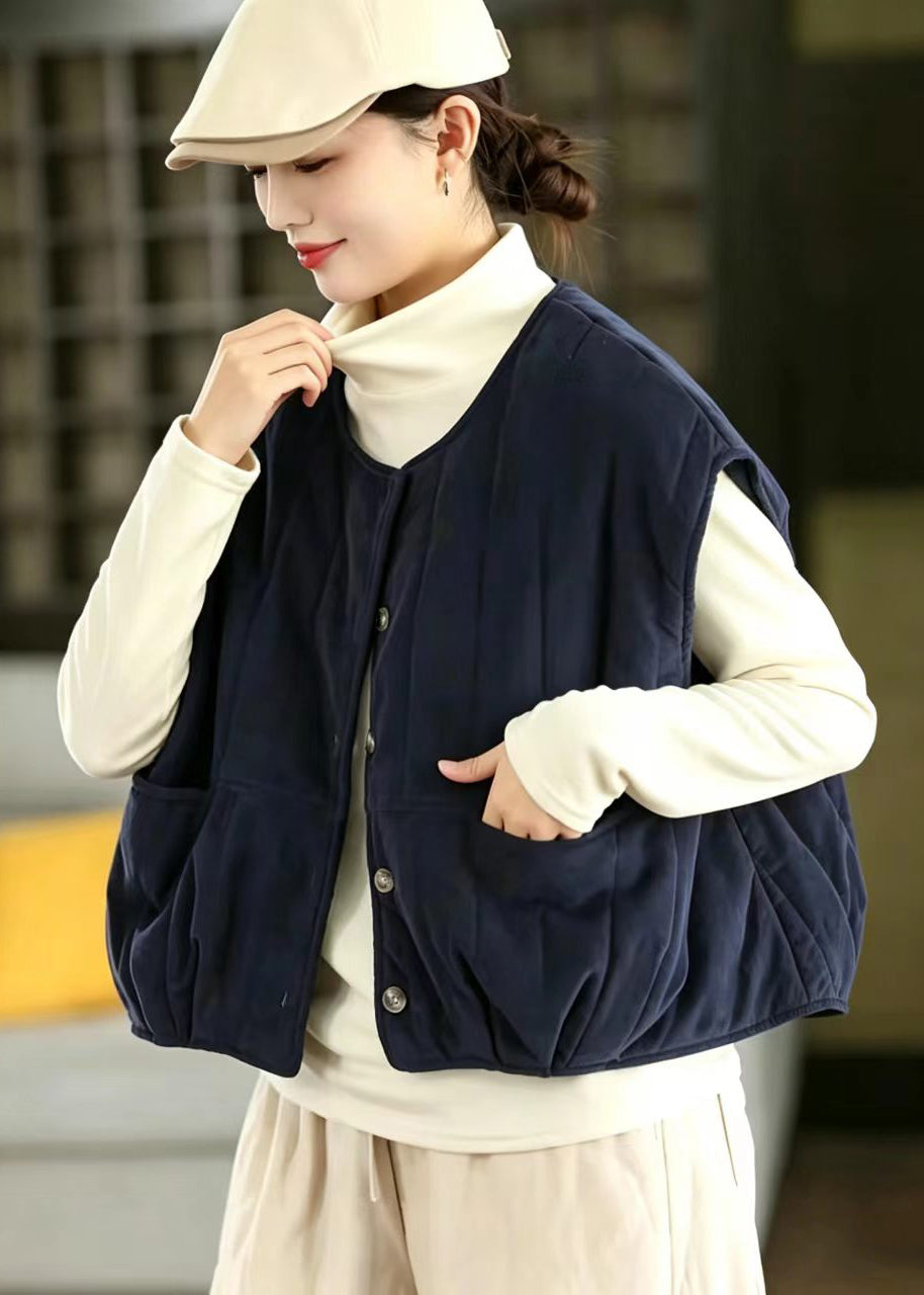 Chic Navy O-Neck Corduroy Cotton Filled Vest Winter