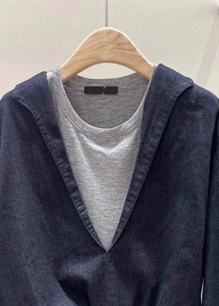 Chic Navy O Neck Patchwork False Two Pieces Cotton Top Spring