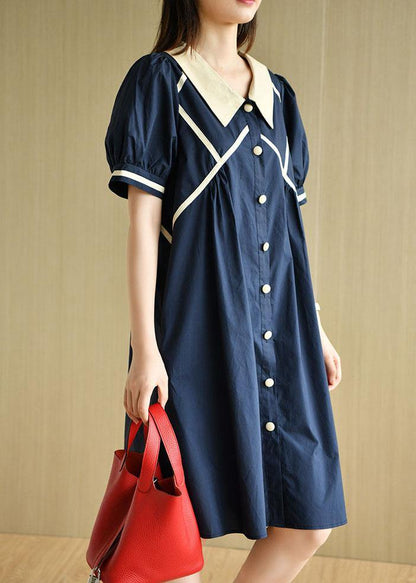 Chic Navy Peter Pan Collar Button Summer Cotton Dress Short Sleeve - SooLinen