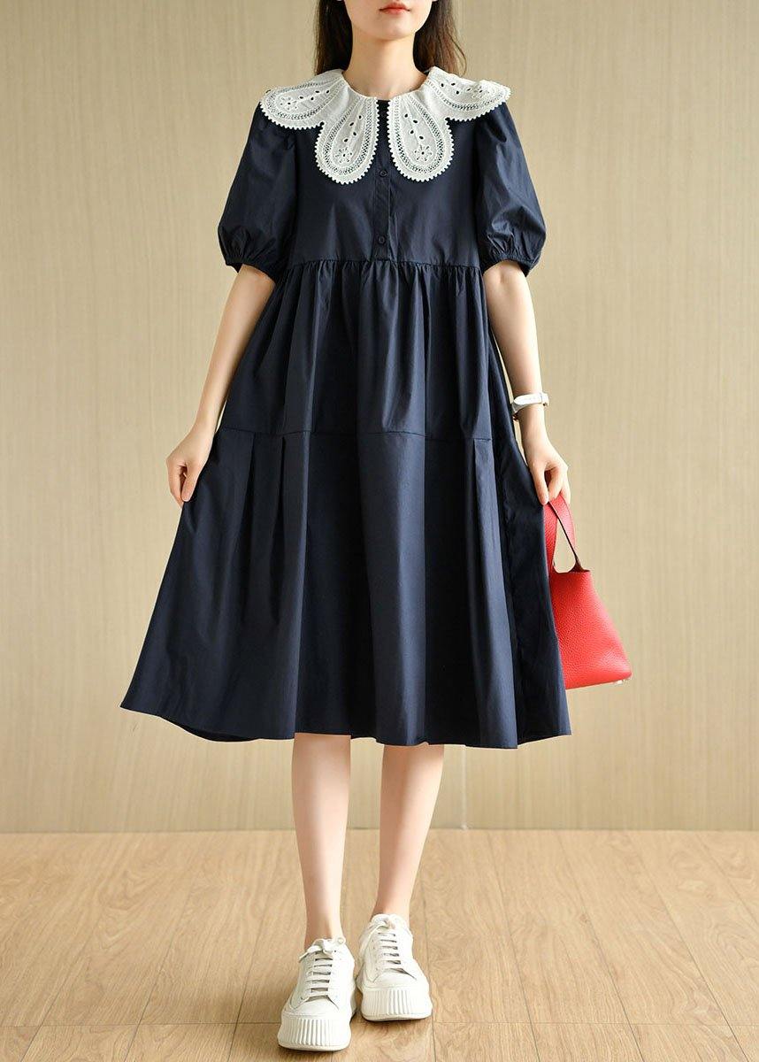 Chic Navy Peter Pan Collar Patchwork Summer Cotton Dresses Short Sleeve - SooLinen