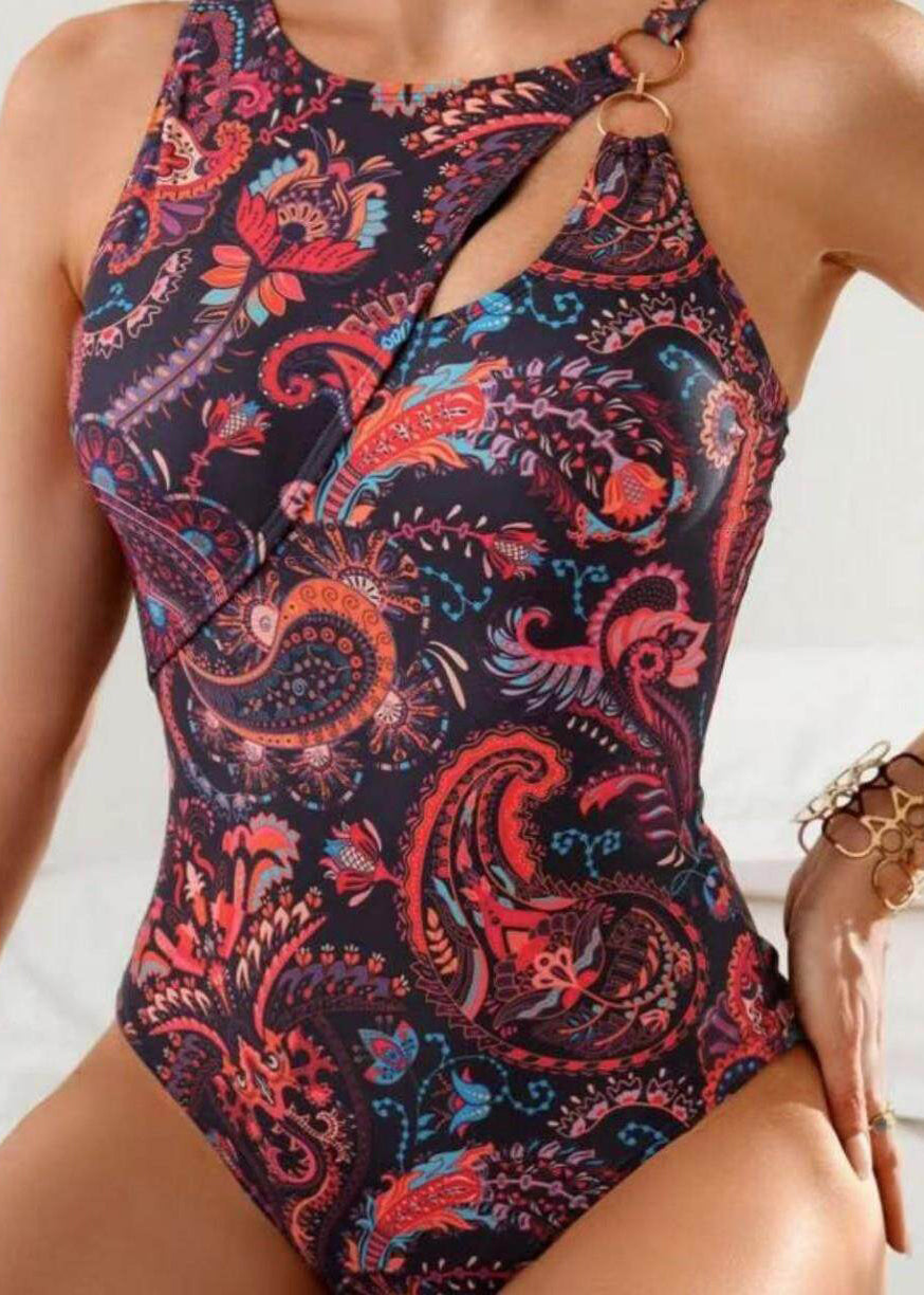 Chic Navy Print Hollow Out Bodysuit Swimwear
