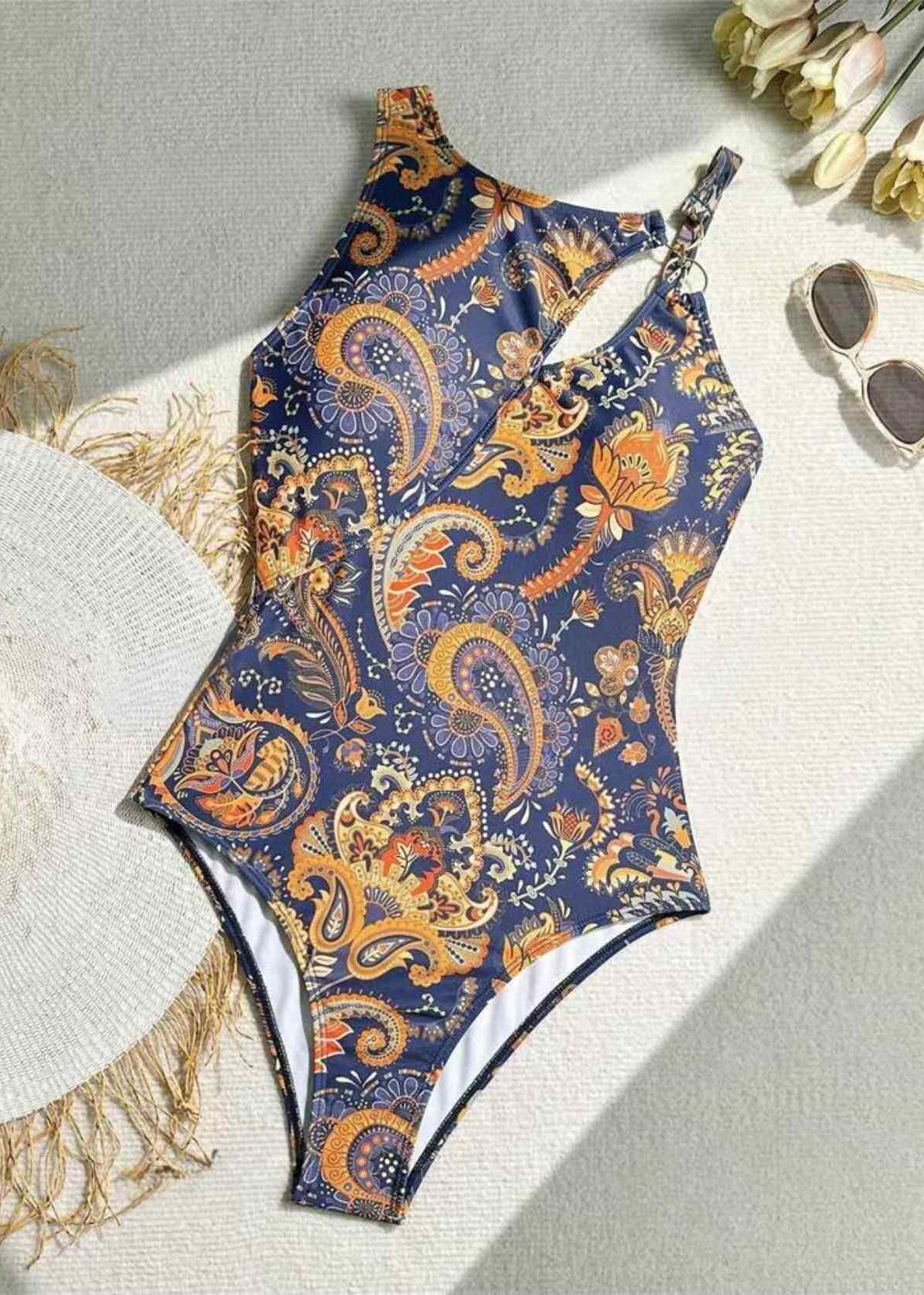 Chic Navy Print Hollow Out Bodysuit Swimwear