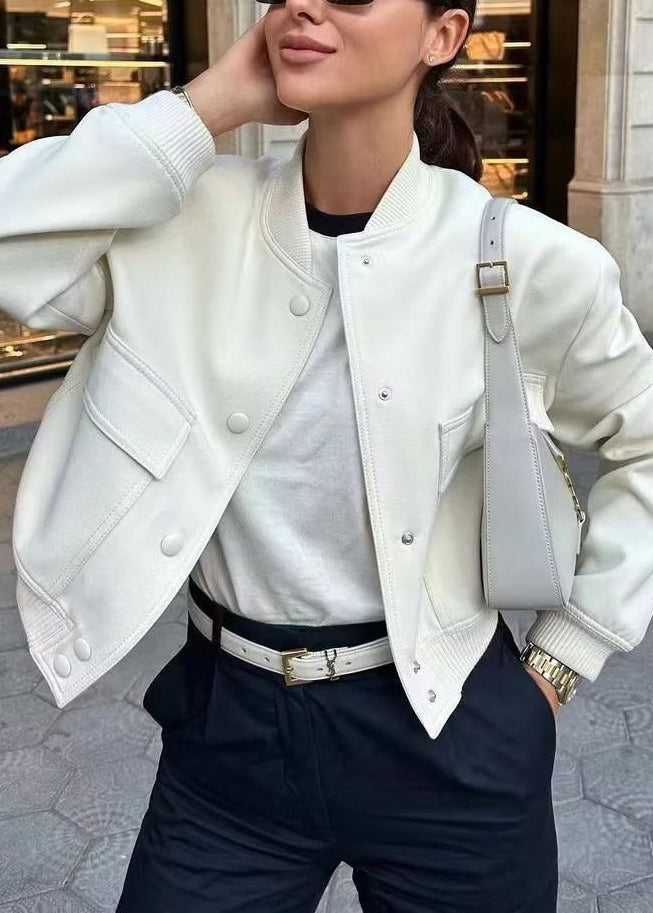 Chic Navy Stand Collar Pockets Cotton Jacket Fall