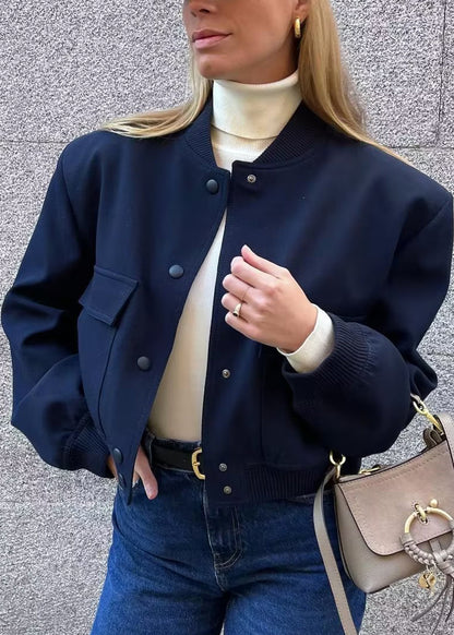 Chic Navy Stand Collar Pockets Cotton Jacket Fall