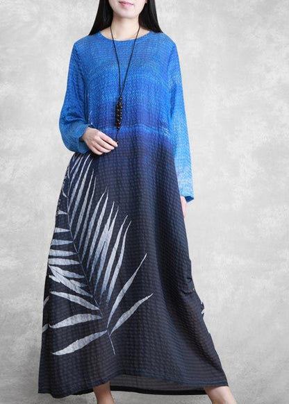 Chic O Neck Asymmetric Spring Tunics Blue Black Print Plus Size Dresses - SooLinen