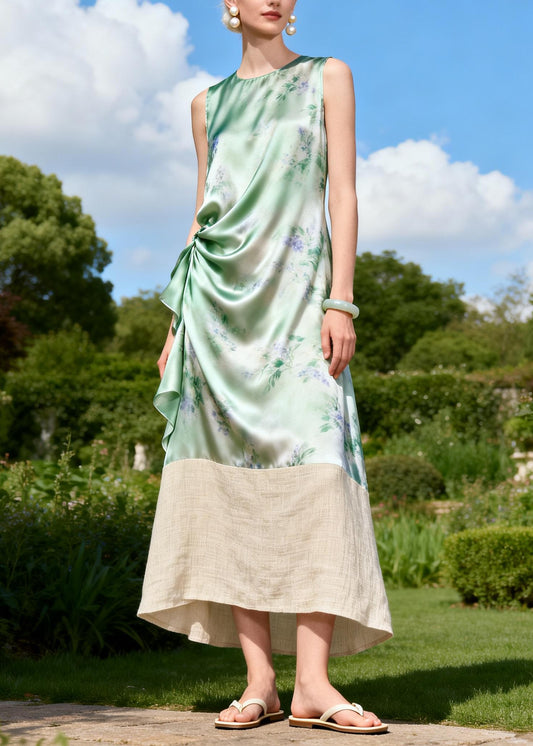Chic O Neck Print Patchwork Linen Silk Long Dresses Sleeveless