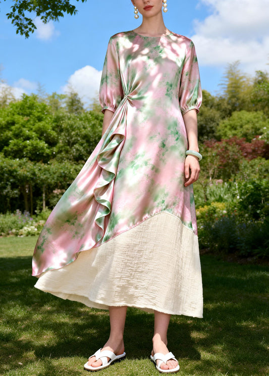 Chic O Neck Print Ruffled Patchwork Linen Silk Dresses Sleeveless