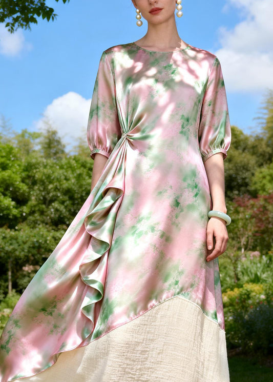 Chic O Neck Print Ruffled Patchwork Linen Silk Dresses Sleeveless