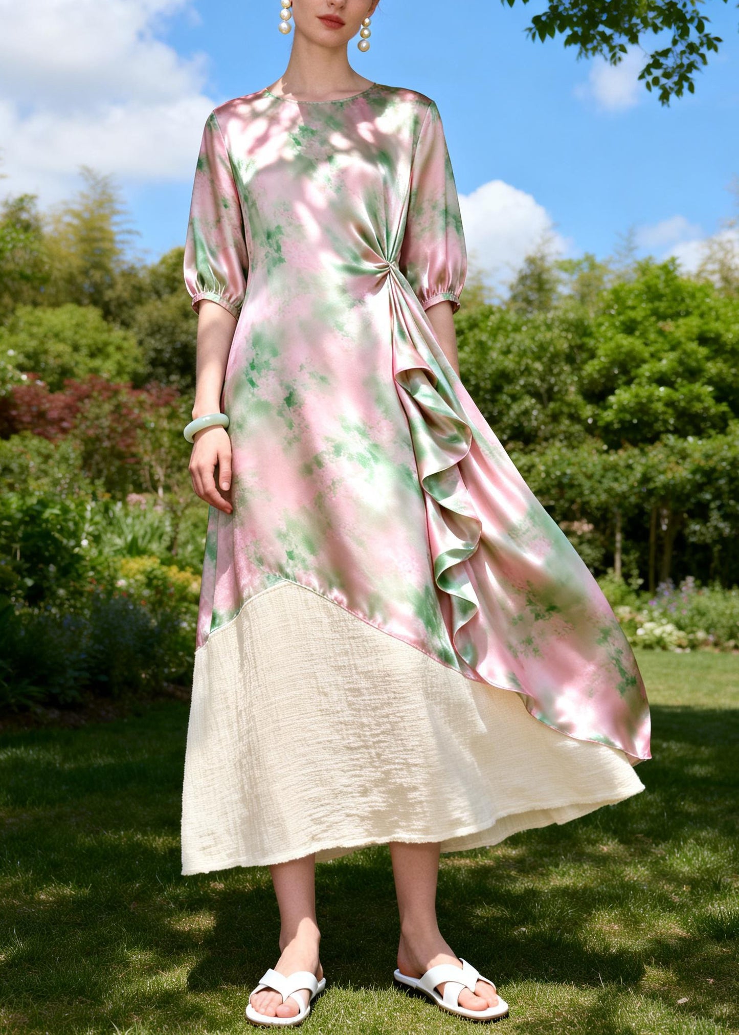 Chic O Neck Print Ruffled Patchwork Linen Silk Dresses Sleeveless