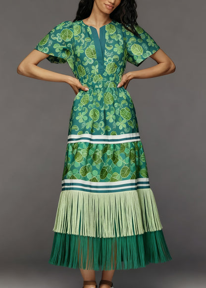 Chic O Neck Print Tassel Patchwork Cotton Dress Summer