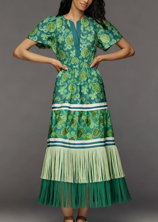 Chic O Neck Print Tassel Patchwork Cotton Dress Summer