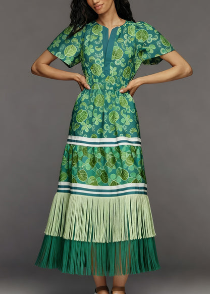 Chic O Neck Print Tassel Patchwork Cotton Dress Summer