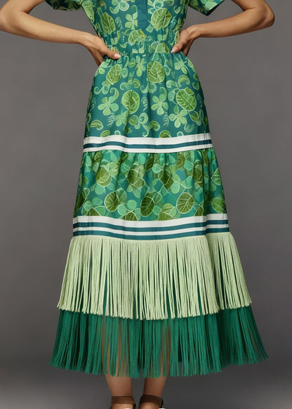 Chic O Neck Print Tassel Patchwork Cotton Dress Summer
