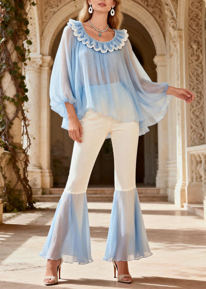 Chic O Neck Ruffled Patchwork Silk Two Piece Set Summer