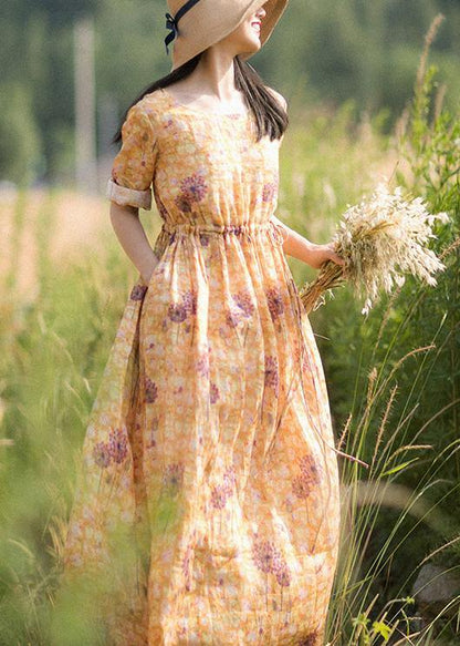 Chic O-Neck Summer Clothes Pattern Yellow Print Dress - SooLinen