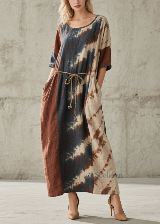 Chic O Neck Tie Dye Lace Up Pockets Cotton Dresses Summer