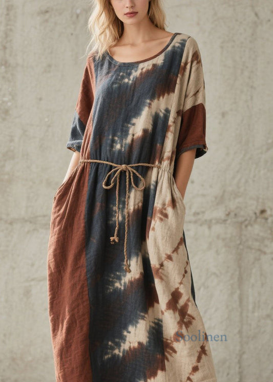 Chic O Neck Tie Dye Lace Up Pockets Cotton Dresses Summer