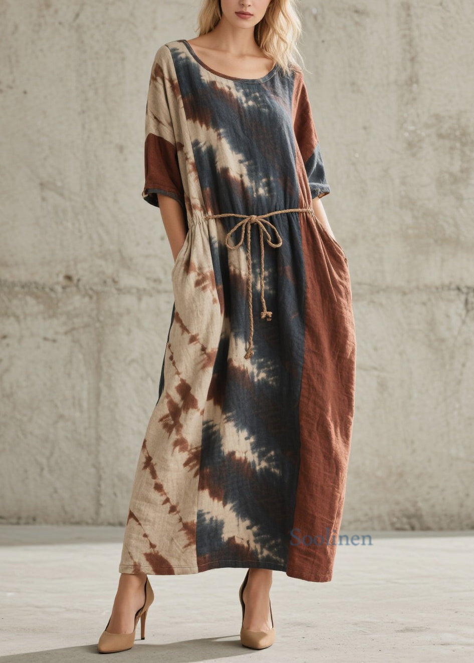 Chic O Neck Tie Dye Lace Up Pockets Cotton Dresses Summer