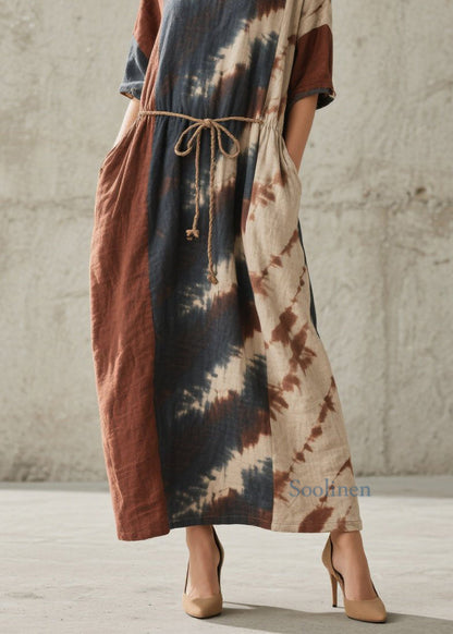 Chic O Neck Tie Dye Lace Up Pockets Cotton Dresses Summer