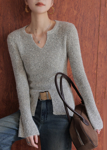 Chic Oat Color V Neck Side Open Cotton Knit Sweaters Flare Sleeve