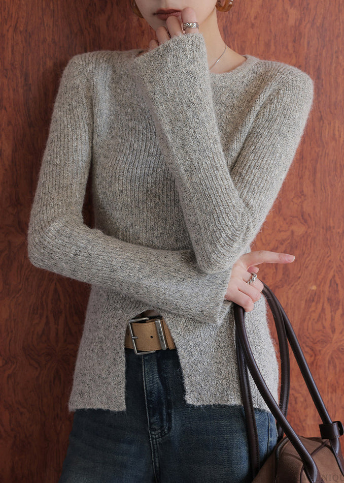 Chic Oat Color V Neck Side Open Cotton Knit Sweaters Flare Sleeve