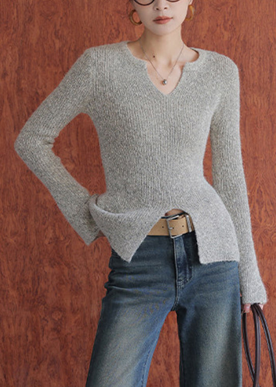 Chic Oat Color V Neck Side Open Cotton Knit Sweaters Flare Sleeve