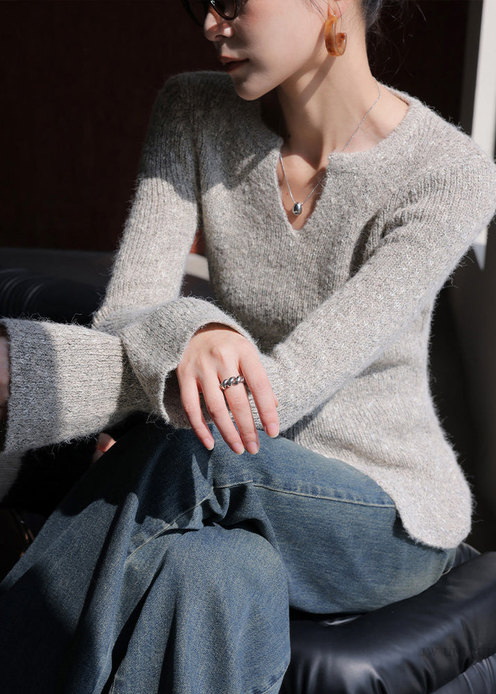 Chic Oat Color V Neck Side Open Cotton Knit Sweaters Flare Sleeve