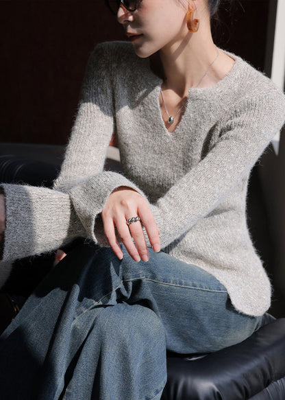 Chic Oat Color V Neck Side Open Cotton Knit Sweaters Flare Sleeve