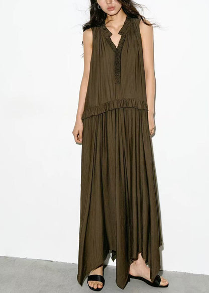 Chic Olive Green Asymmetrical V Neck Ruffled  Dresses Sleeveless