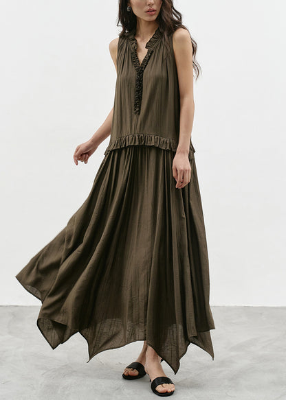 Chic Olive Green Asymmetrical V Neck Ruffled  Dresses Sleeveless