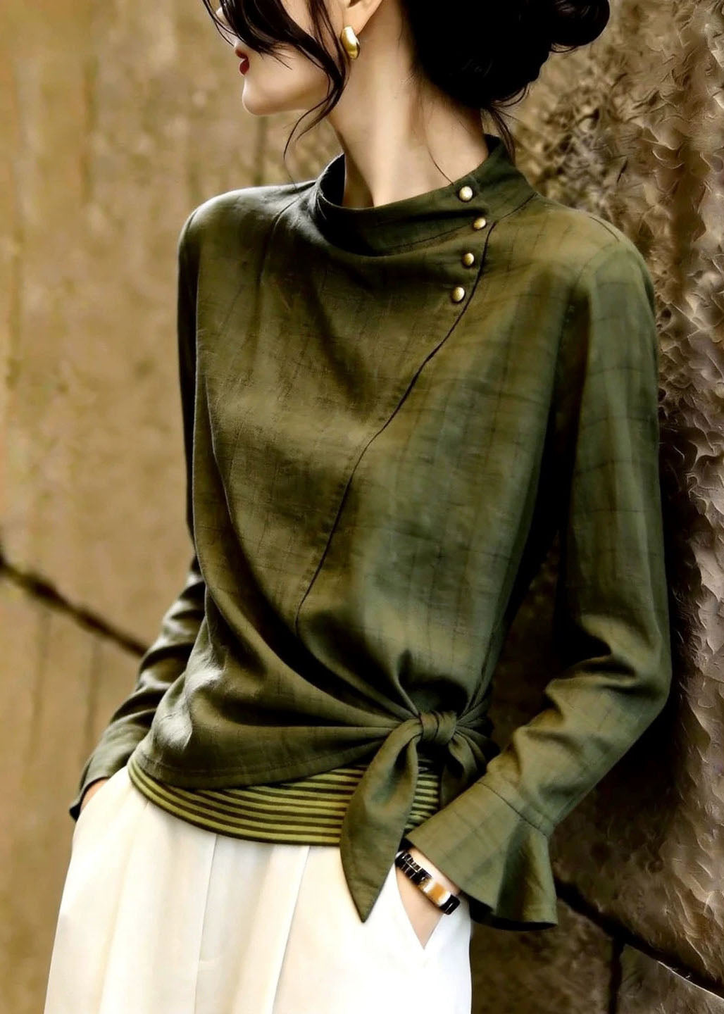 Chic Olive Green Stand Collar Bow Tops Long Sleeve