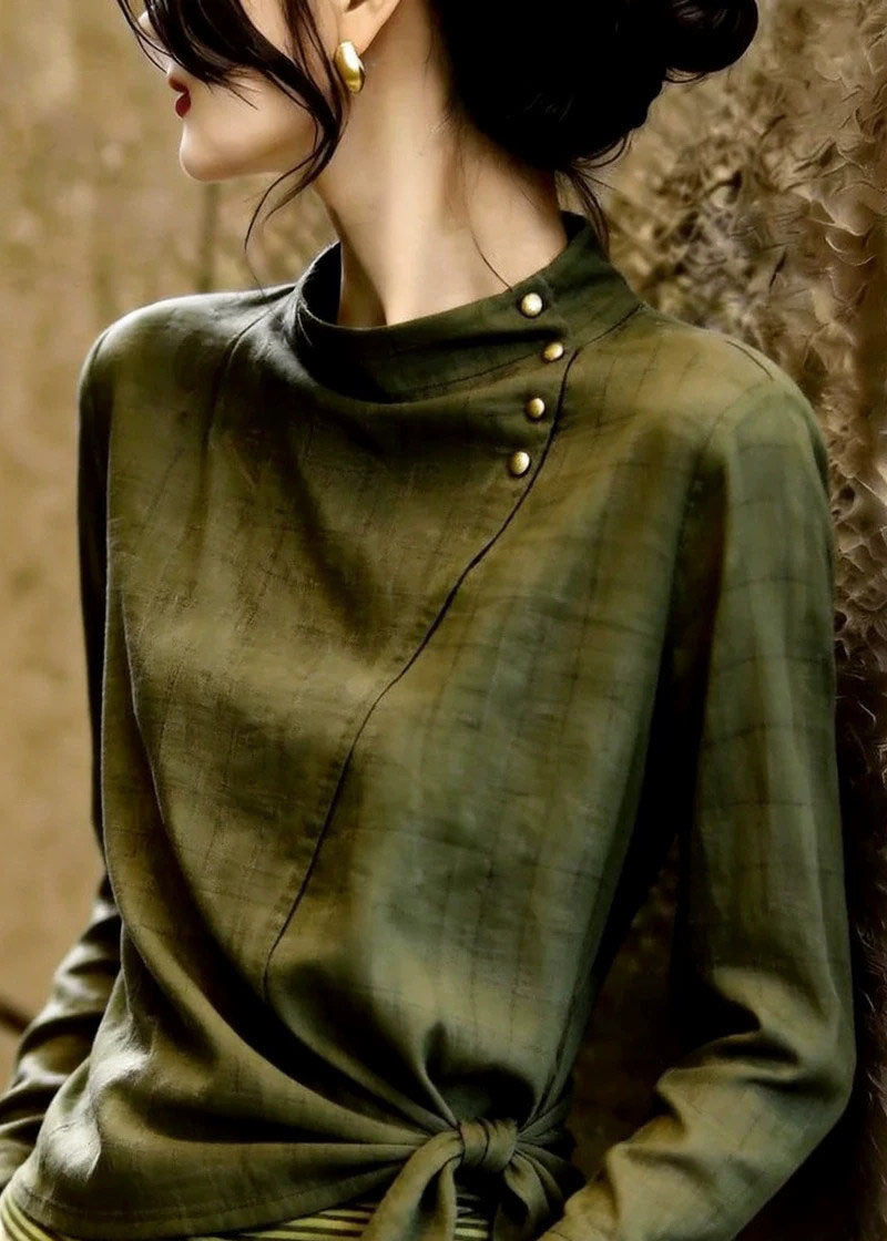 Chic Olive Green Stand Collar Bow Tops Long Sleeve