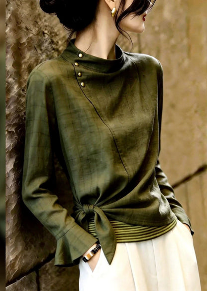 Chic Olive Green Stand Collar Bow Tops Long Sleeve