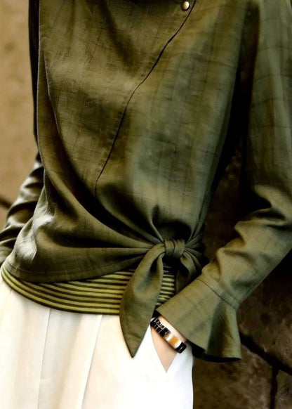Chic Olive Green Stand Collar Bow Tops Long Sleeve