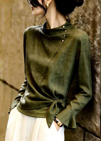 Chic Olive Green Stand Collar Bow Tops Long Sleeve