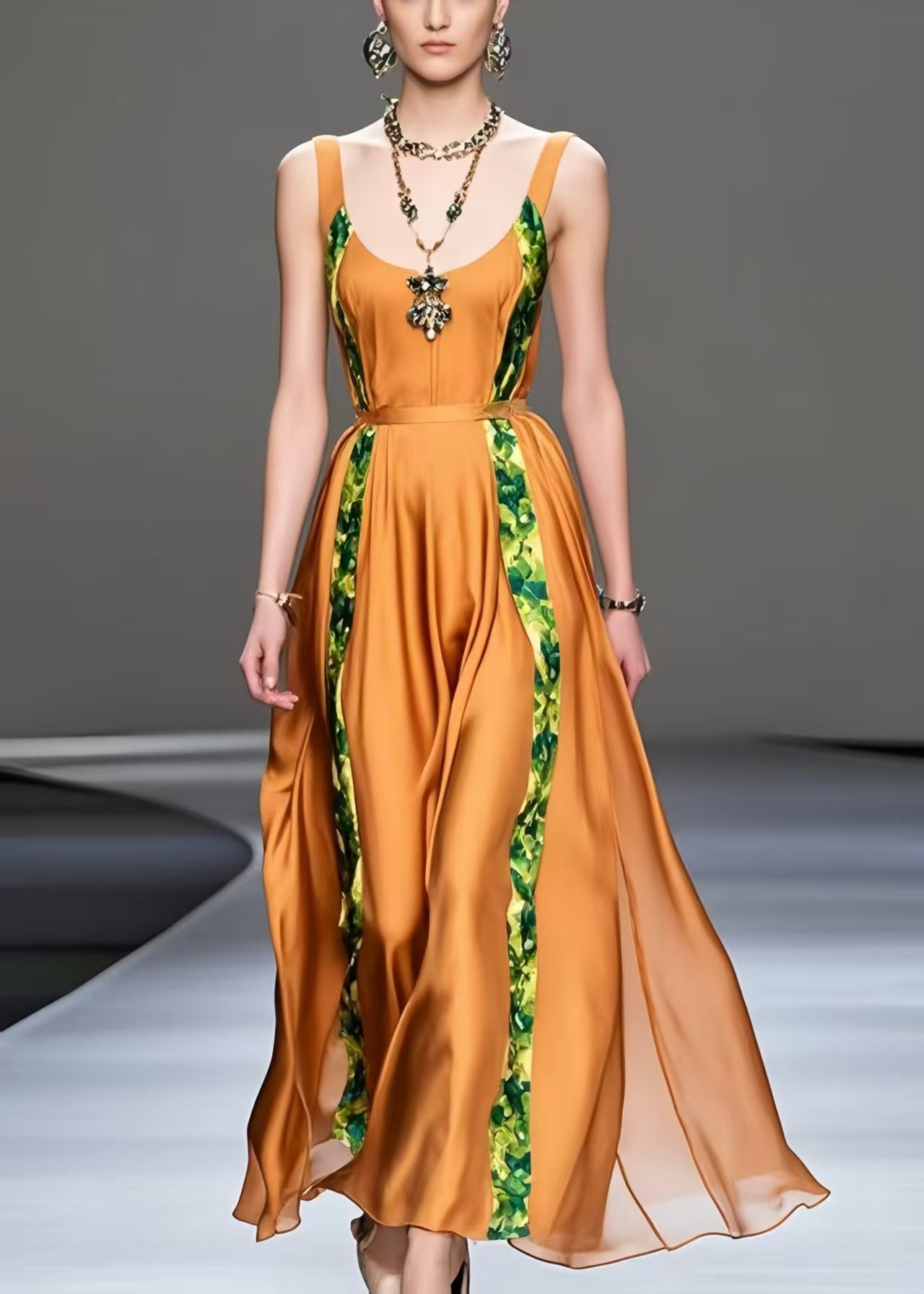 Chic Orange Cinched Patchwork Silk Sundress Summer