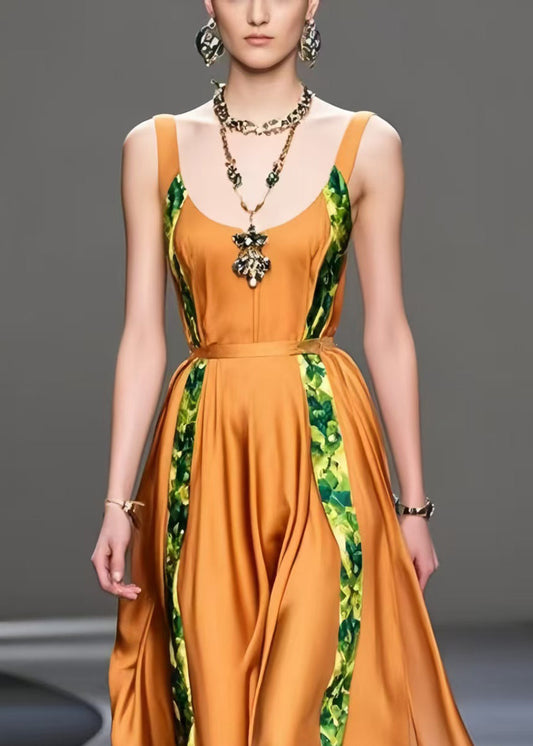 Chic Orange Cinched Patchwork Silk Sundress Summer
