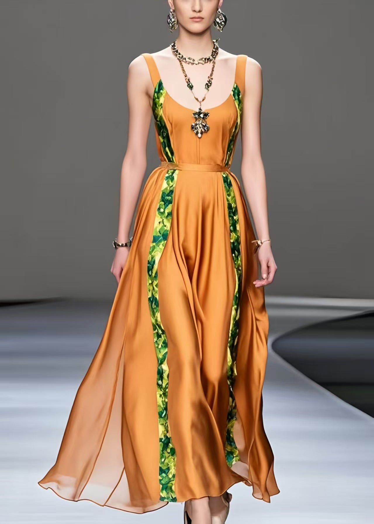 Chic Orange Cinched Patchwork Silk Sundress Summer