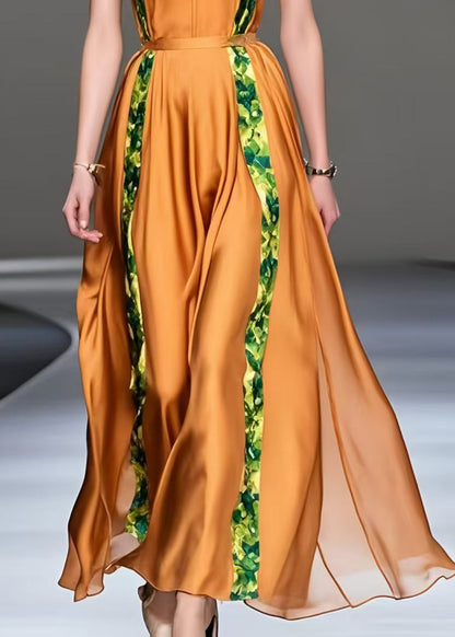 Chic Orange Cinched Patchwork Silk Sundress Summer