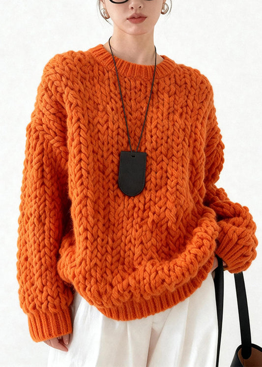 Chic Orange Oversized Cable Knit Sweater Tops Winter